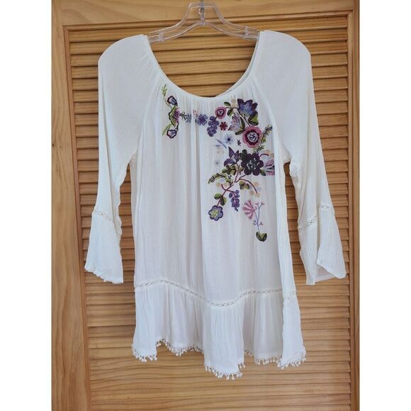 Vtg America Blues Embroidered Floral Boho Peasant Top Blouse SMALL Bell Sleeves - Picture 1 of 7